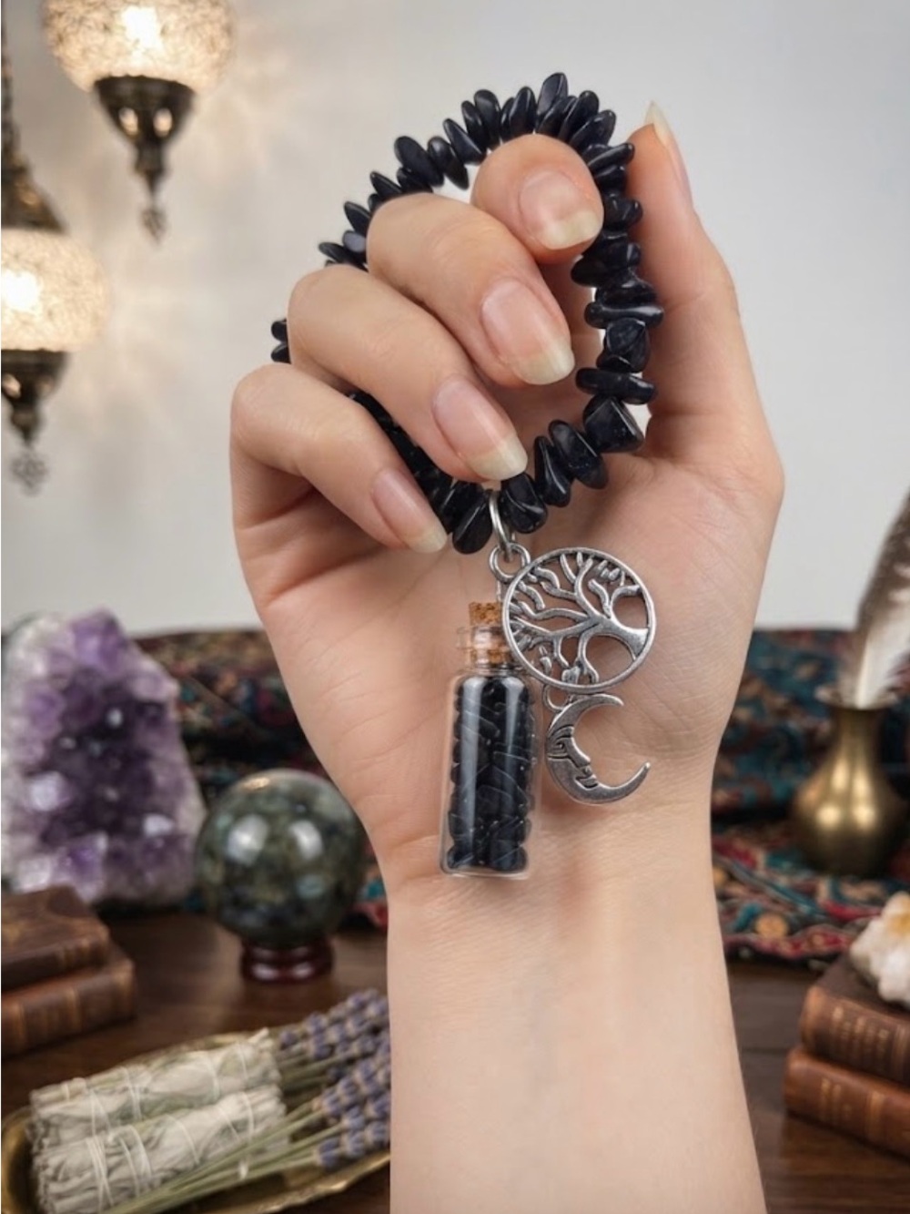 Artisan Black Jasper Necklace with Moon Vial and Crescent Charm